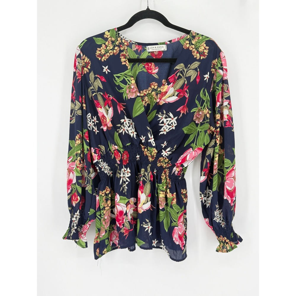 Navy Floral Plus‎ Sized Smocked Waist Peplum Top 2X Botanical Office Maximalism